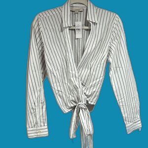 LOFT White and Black Striped Button Down Shirt